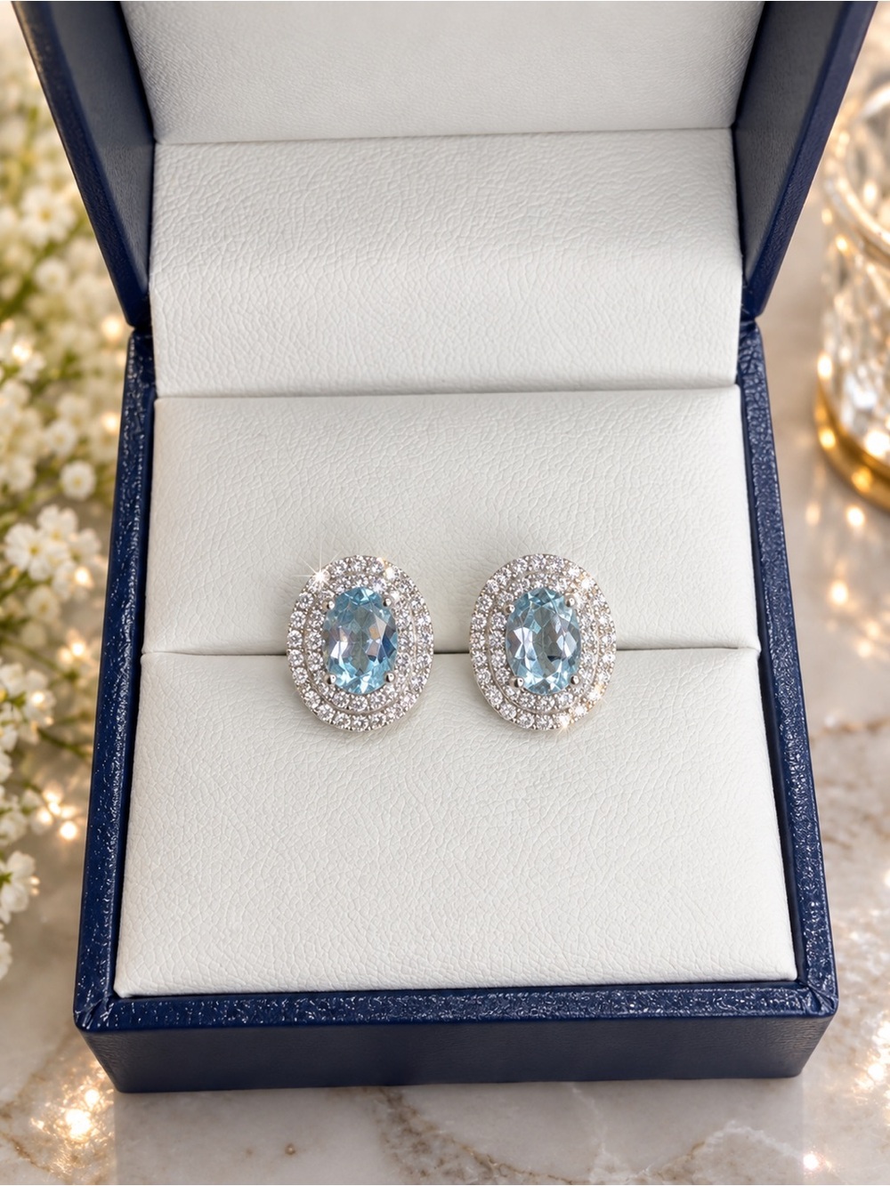 NWT Light Blue Topaz Oval Double Halo Stud Earrings 925 Sterling Silver